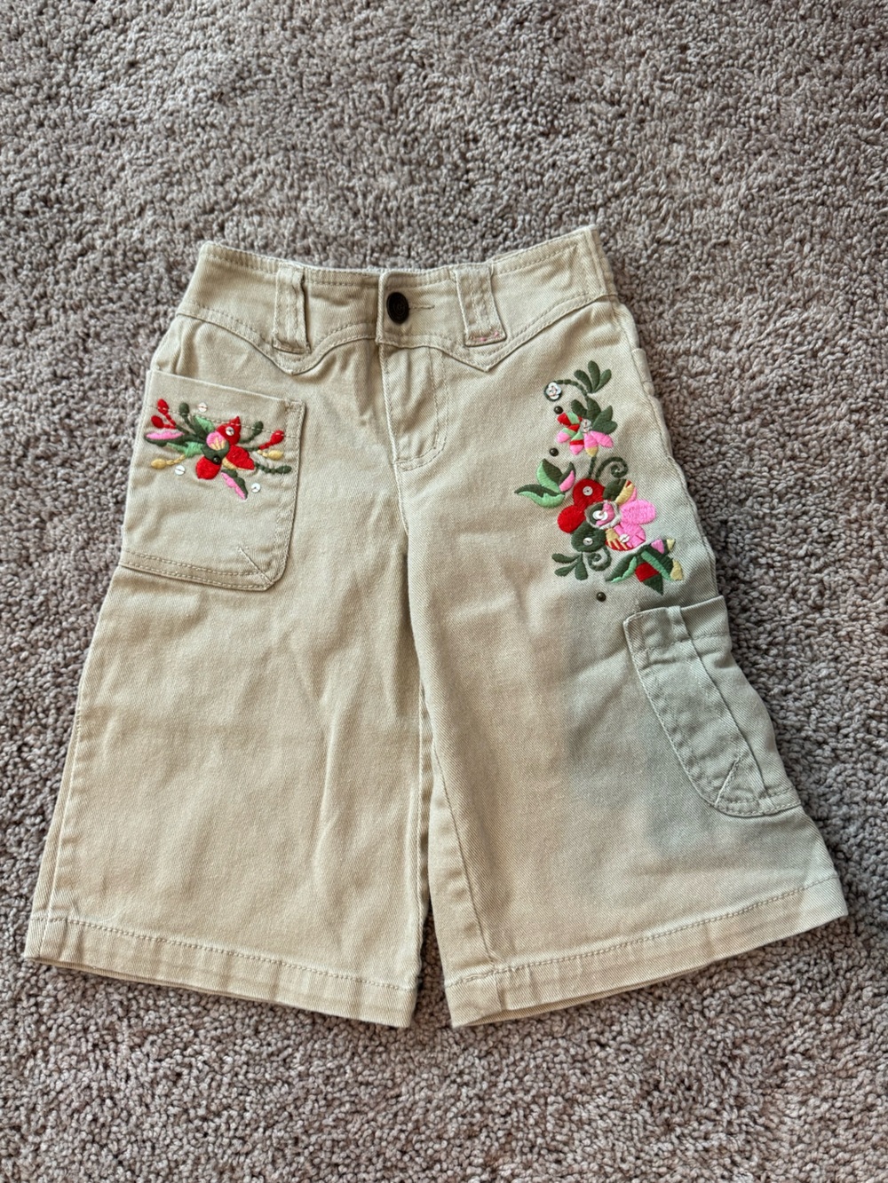 Y2K Vintage Kids Mary-Kate & Ashley Embroidered Khaki Pants with Floral Accents